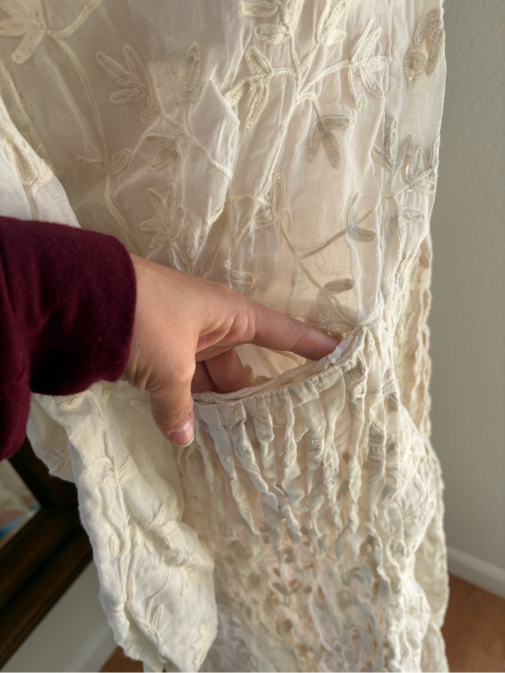 Cream Embroidered Long Trench Coat with Floral Appliqué - Picture 4 of 7
